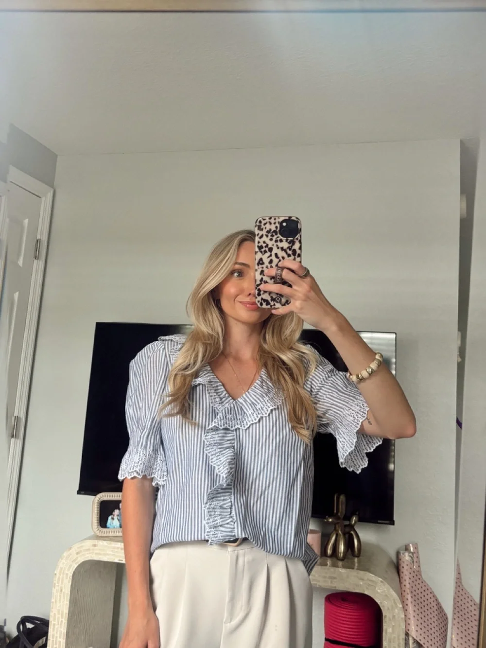 NWT Striped Eyelet Ruffle Front Top - Antique Navy White